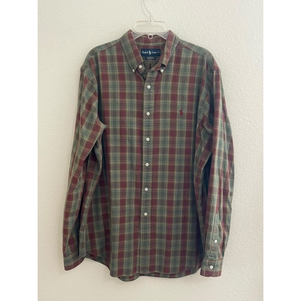Ralph Lauren Classic Fit Plaid Button Down Shirt Mens XL Green Red Long Sleeve